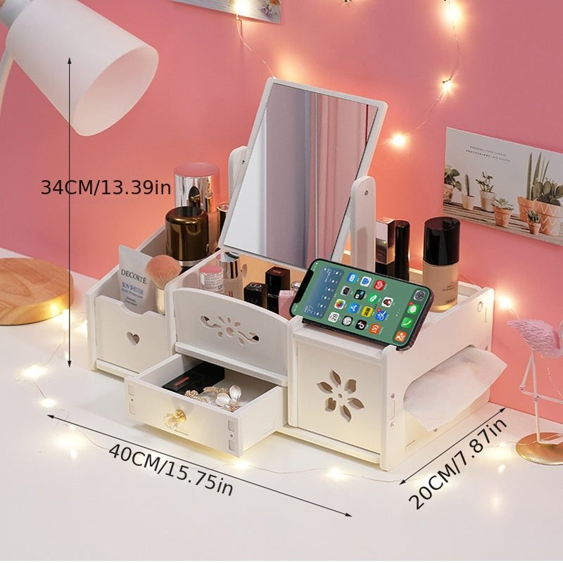 Desktop Makeup Mirror and Cosmetic Storage Box