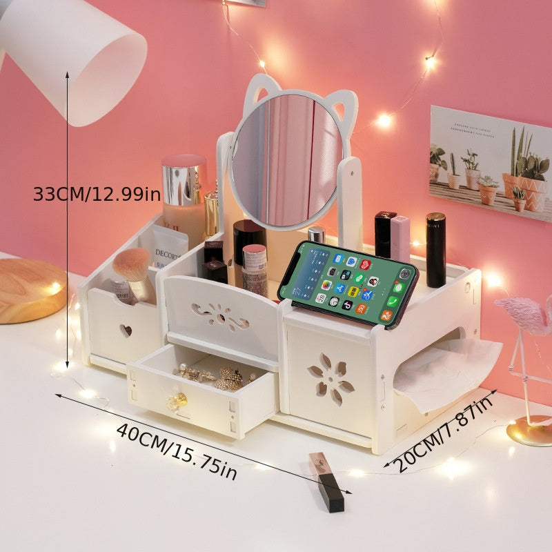 Desktop Makeup Mirror and Cosmetic Storage Box